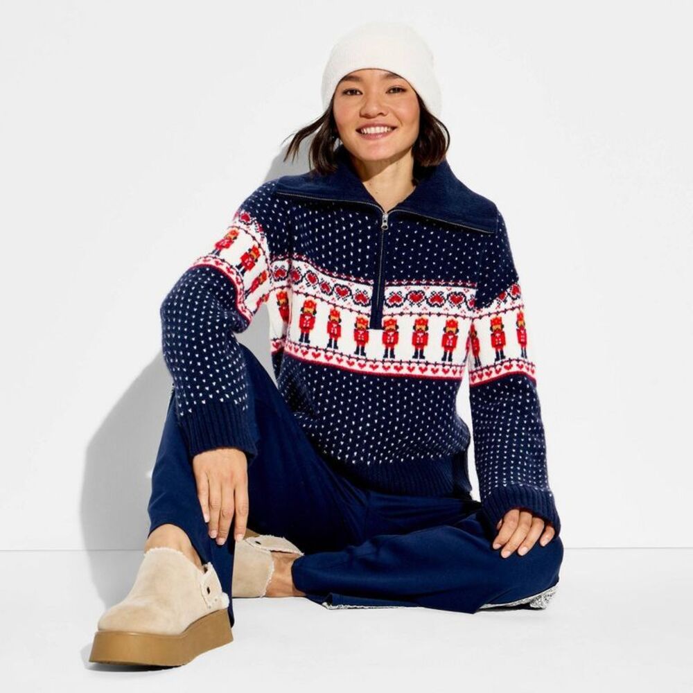 Women's Polo Collar Quarter Zip Novelty Pullover Sweater - Navy Blue Boy M